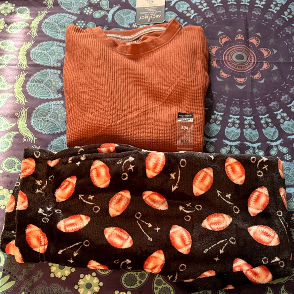 Rust color Long Sleeve Shirt and Football Print Blanket